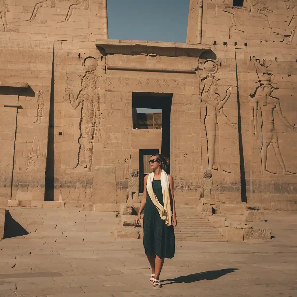 lucy-philae-temple-home Lucy walking towards the camera in front of the main pylon in Philae Temple which is inscribed with Ancient Egyptian hieroglyphs.