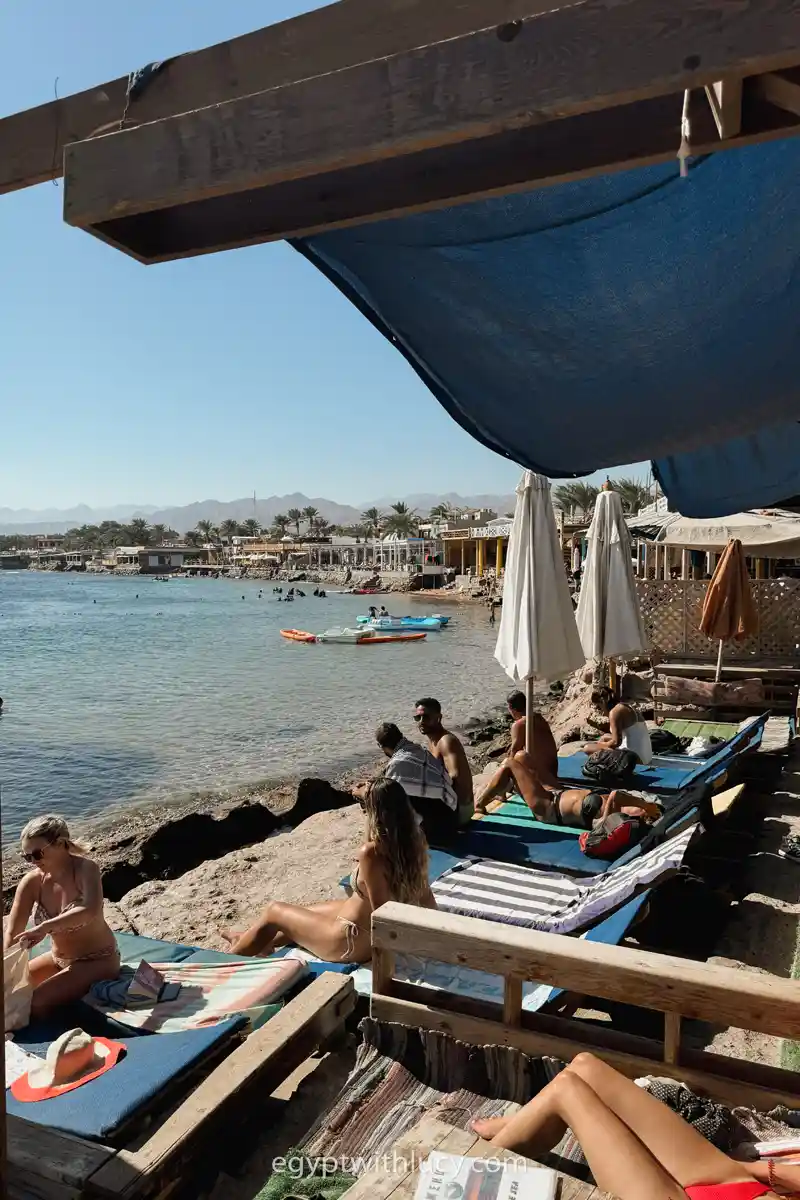 People sunbathe on loungers beneath a cafe's shaded canopy next to the water at Lighthouse Bay.