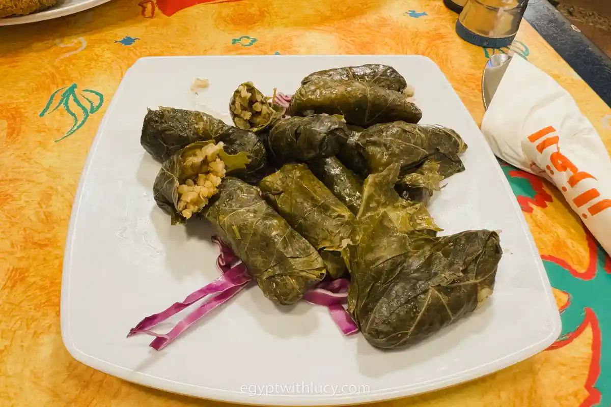 egyptian-mahshi Stuffed grape leaves, known as mahshi, served on a white square plate.