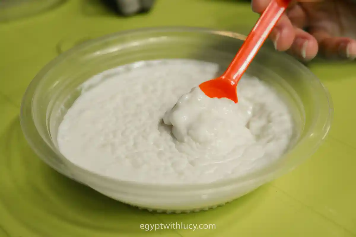 rice-pudding-egypt A plastic spoon scooping creamy white Egyptian rice pudding from a clear bowl.